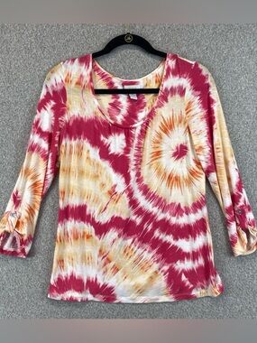 Chico’s 3/4 sleeve t shirt size 0 (S) colorful Tie Dye Button Cuffs Casual